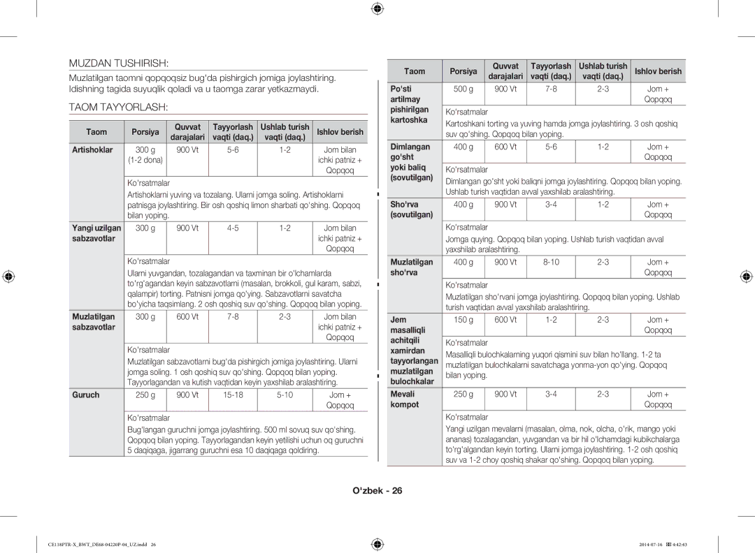 Samsung CE118PTR-X/BWT, CE118PAERX/BWT manual Muzdan Tushirish, Taom Tayyorlash 