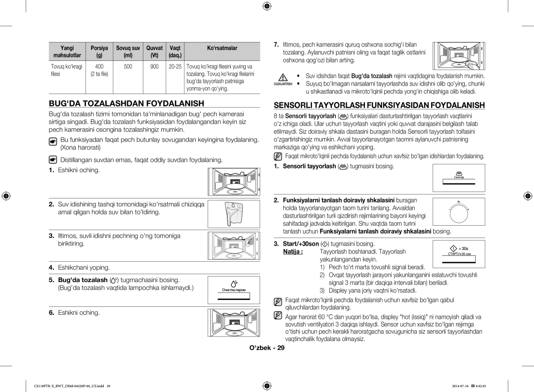 Samsung CE118PAERX/BWT, CE118PTR-X/BWT manual Bugda Tozalashdan Foydalanish, Sensorli Tayyorlash Funksiyasidan Foydalanish 