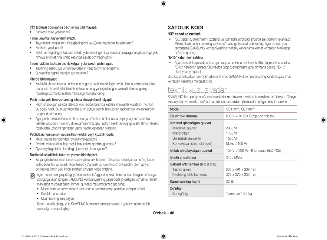 Samsung CE118PTR-X/BWT, CE118PAERX/BWT manual Texnik xususiyatlar, Xatolik Kodi, SE xabari korsatiladi, Xabari korsatiladi 