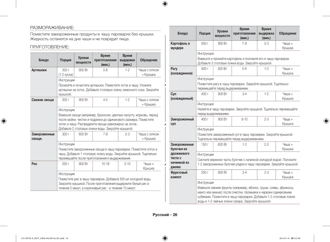 Samsung CE118PTR-X/BWT, CE118PAERX/BWT manual Размораживание, Приготовление 