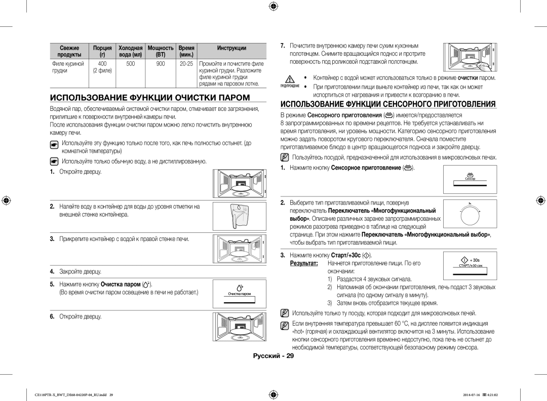 Samsung CE118PAERX/BWT, CE118PTR-X/BWT Использование Функции Очистки Паром, Использование Функции Сенсорного Приготовления 