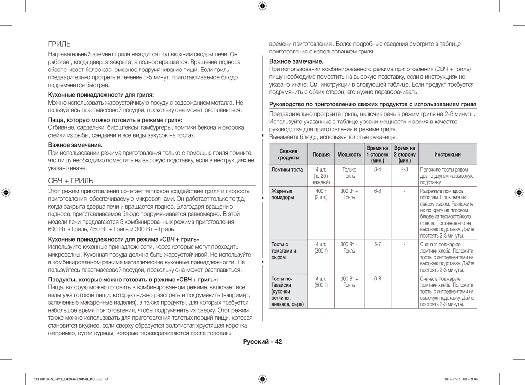 Samsung CE118PTR-X/BWT, CE118PAERX/BWT manual СВЧ + Гриль 