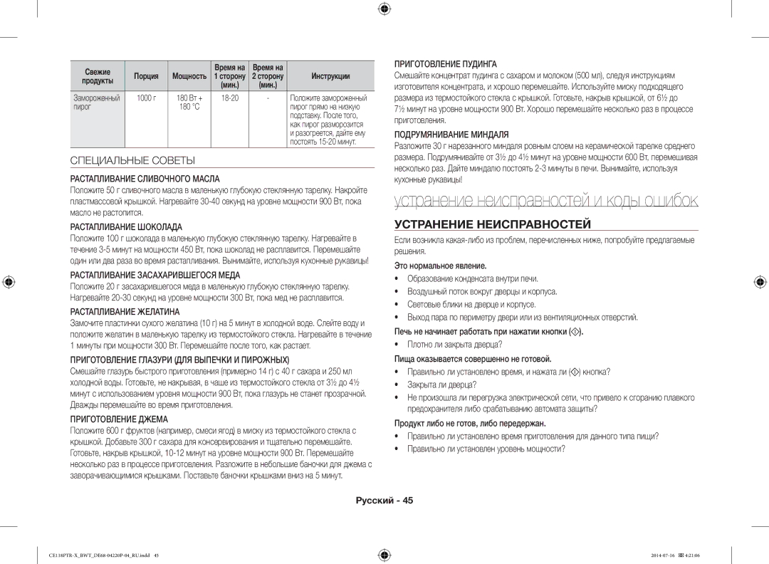 Samsung CE118PAERX/BWT manual Устранение неисправностей и коды ошибок, Устранение Неисправностей, Специальные Советы 