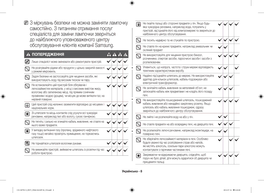 Samsung CE118PTR-X/BWT, CE118PAERX/BWT manual Попередження 