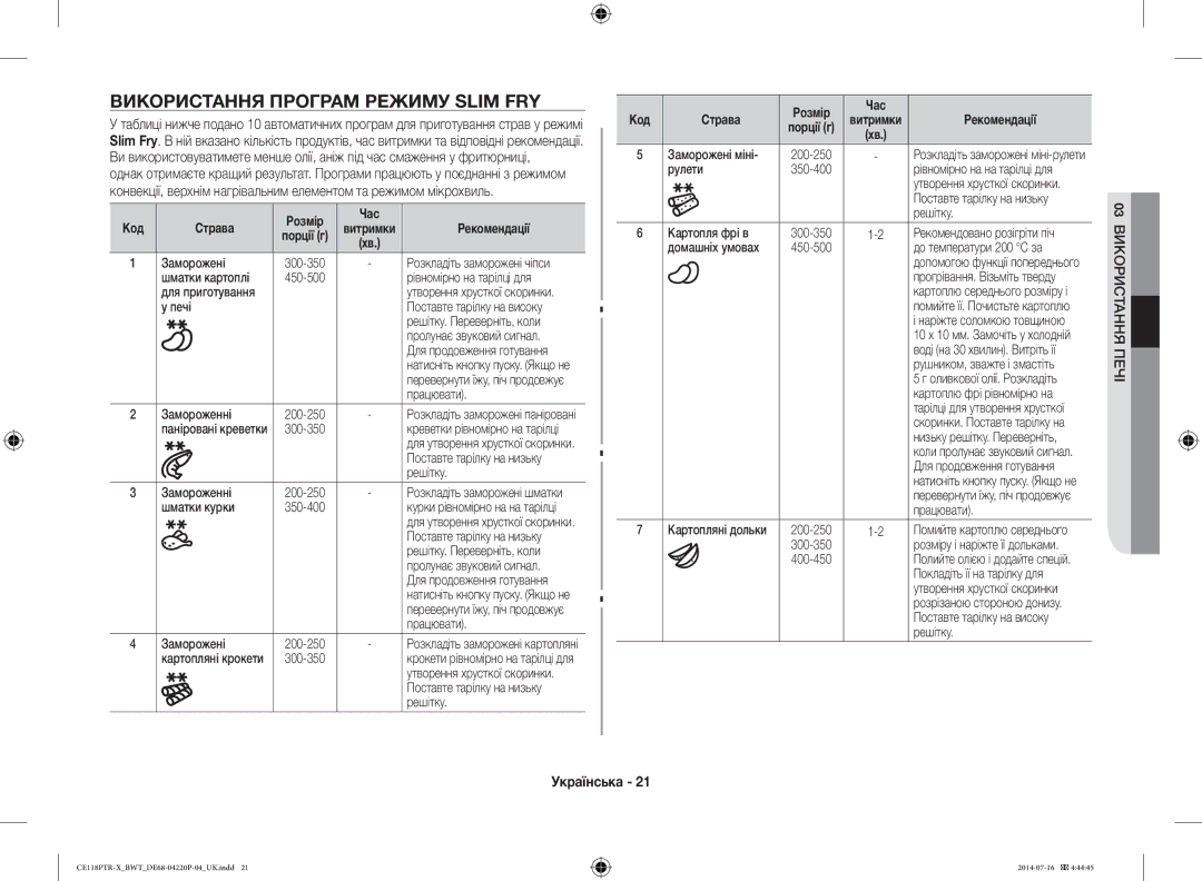 Samsung CE118PAERX/BWT, CE118PTR-X/BWT manual Використання Програм Режиму Slim FRY, Код Страва Розмір Час 