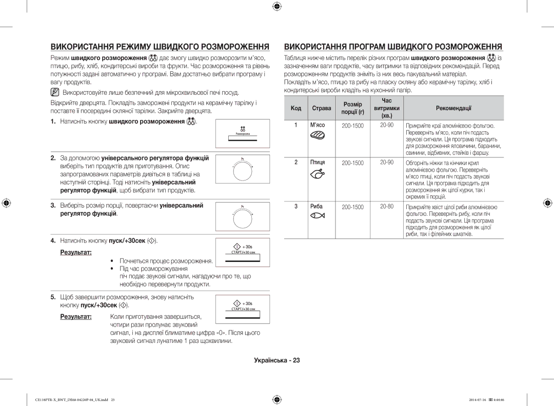 Samsung CE118PAERX/BWT manual Використання Режиму Швидкого Розмороження, Використання Програм Швидкого Розмороження 