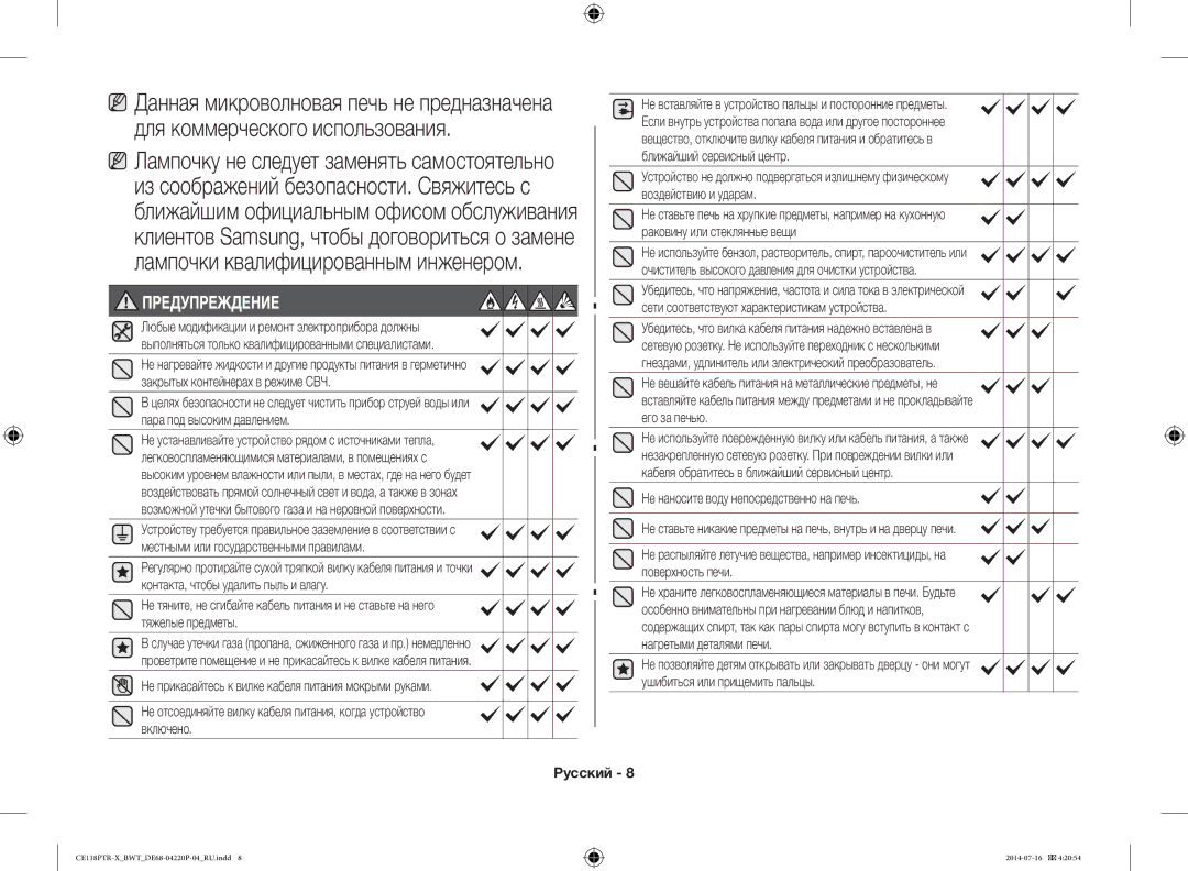 Samsung CE118PTR-X/BWT, CE118PAERX/BWT manual Предупреждение 