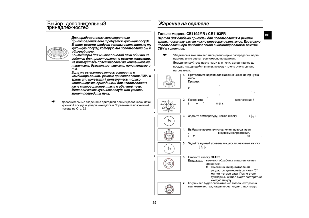 Samsung CE1190R/BWT, CE1190R/SBW manual Выбор дополнительных принадлежностей, Жарение на вертеле 