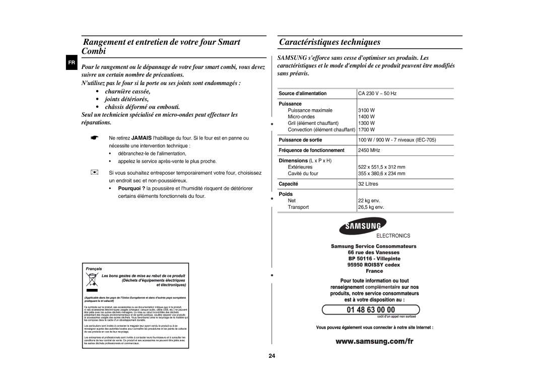 Samsung CE1196T-S/XEF Rangement et entretien de votre four Smart Combi, Caractéristiques techniques, Dimensions L x P x H 