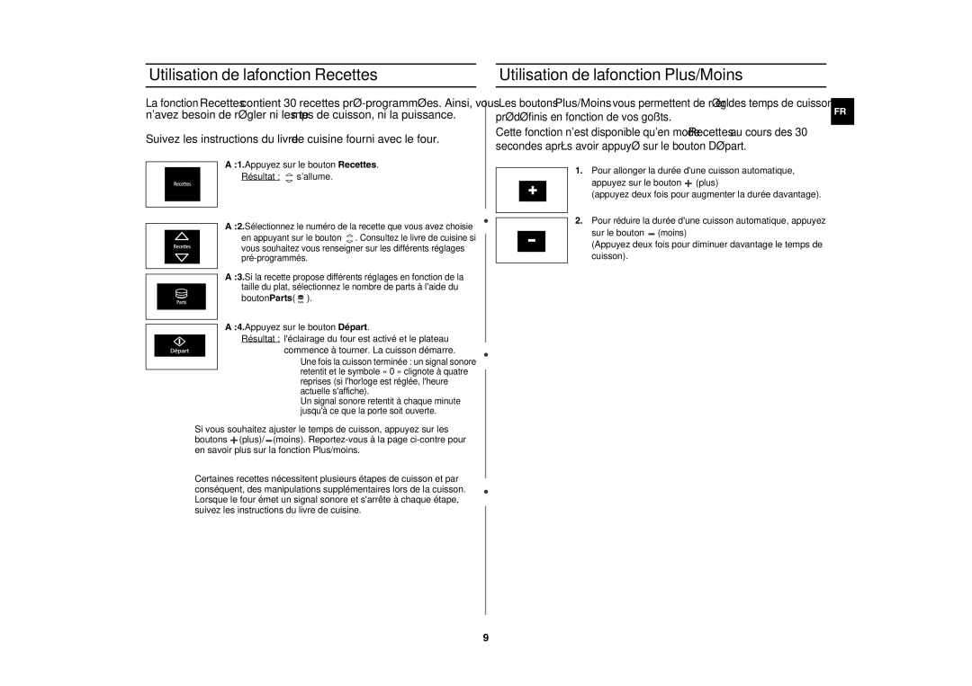 Samsung CE1196T-B/XEF, CE1196T-S/XEF manual Utilisation de la fonction Recettes, Utilisation de la fonction Plus/Moins 