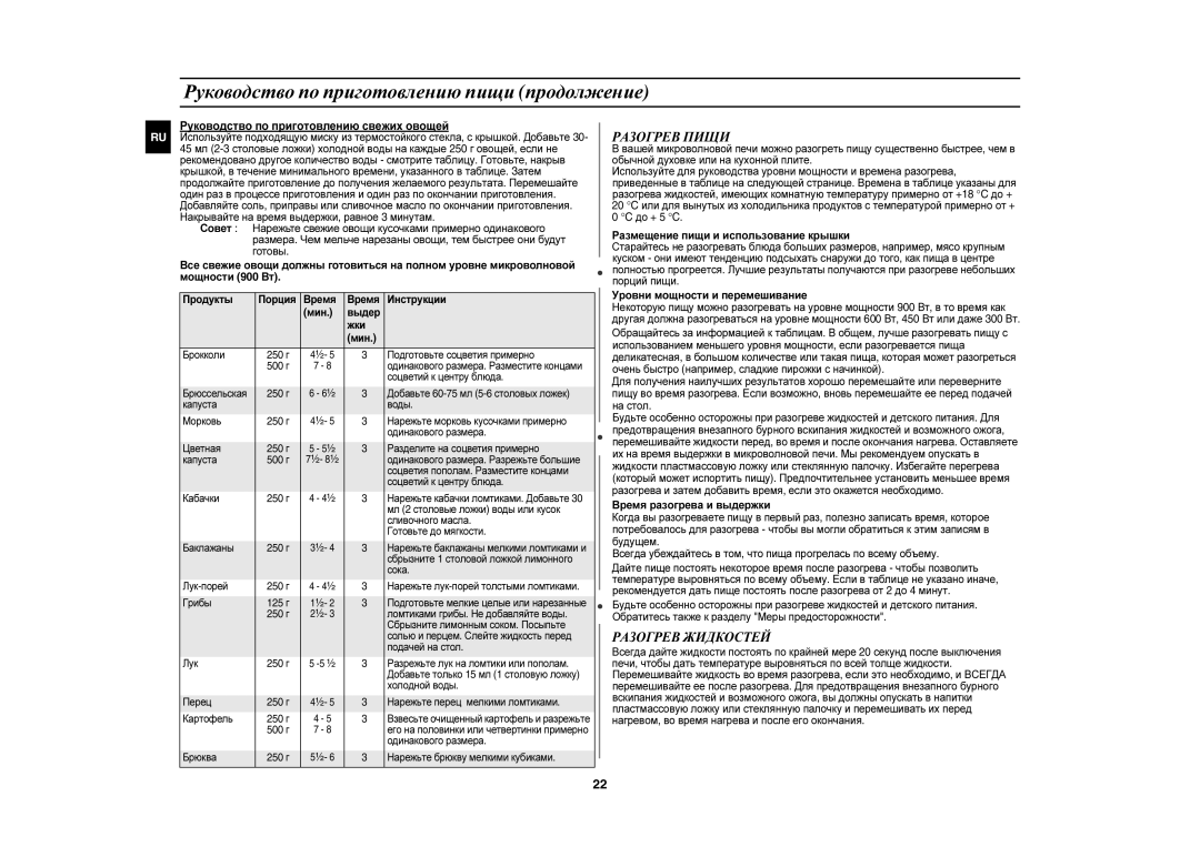 Samsung CE1197GBR/BWT manual Руководство по приготовлению пищи продолжение, Разогрев Пищи, Разогрев Жидкостей 