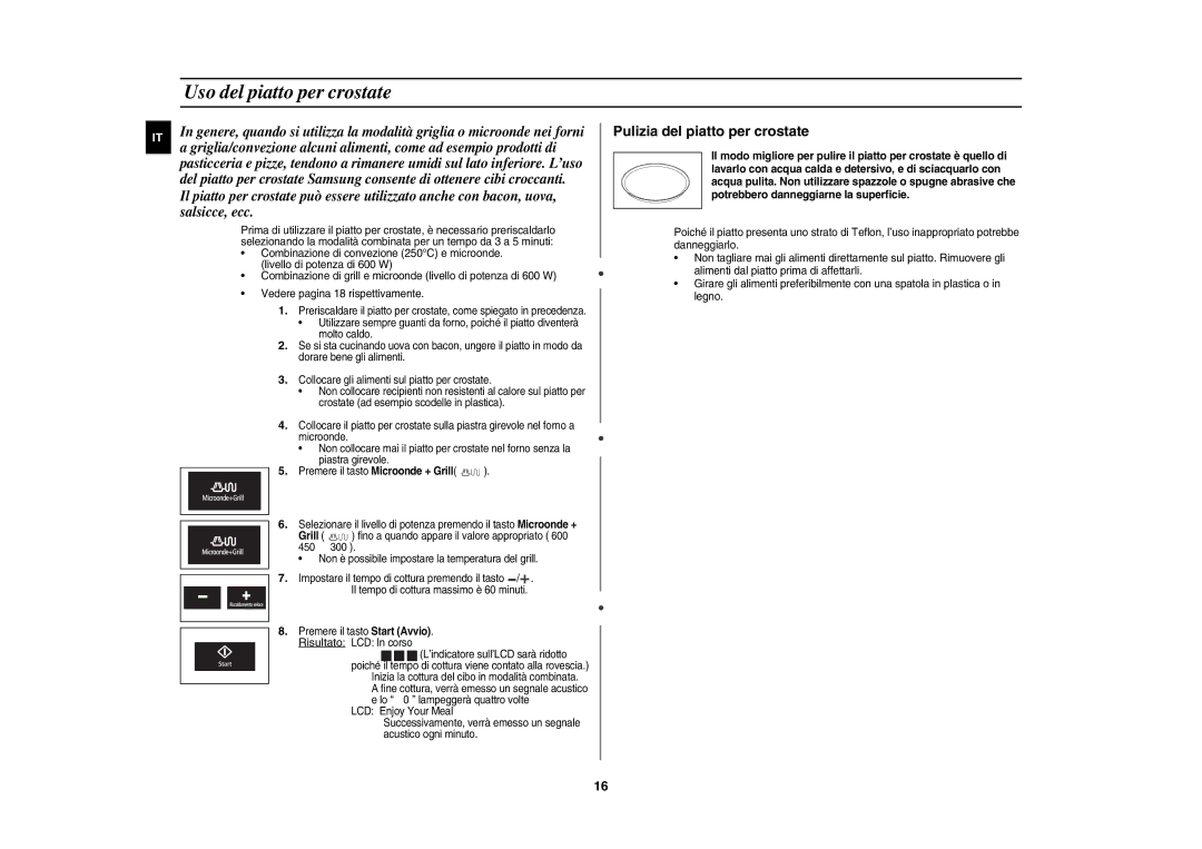 Samsung CE1197UBT/XET manual Uso del piatto per crostate, Pulizia del piatto per crostate 