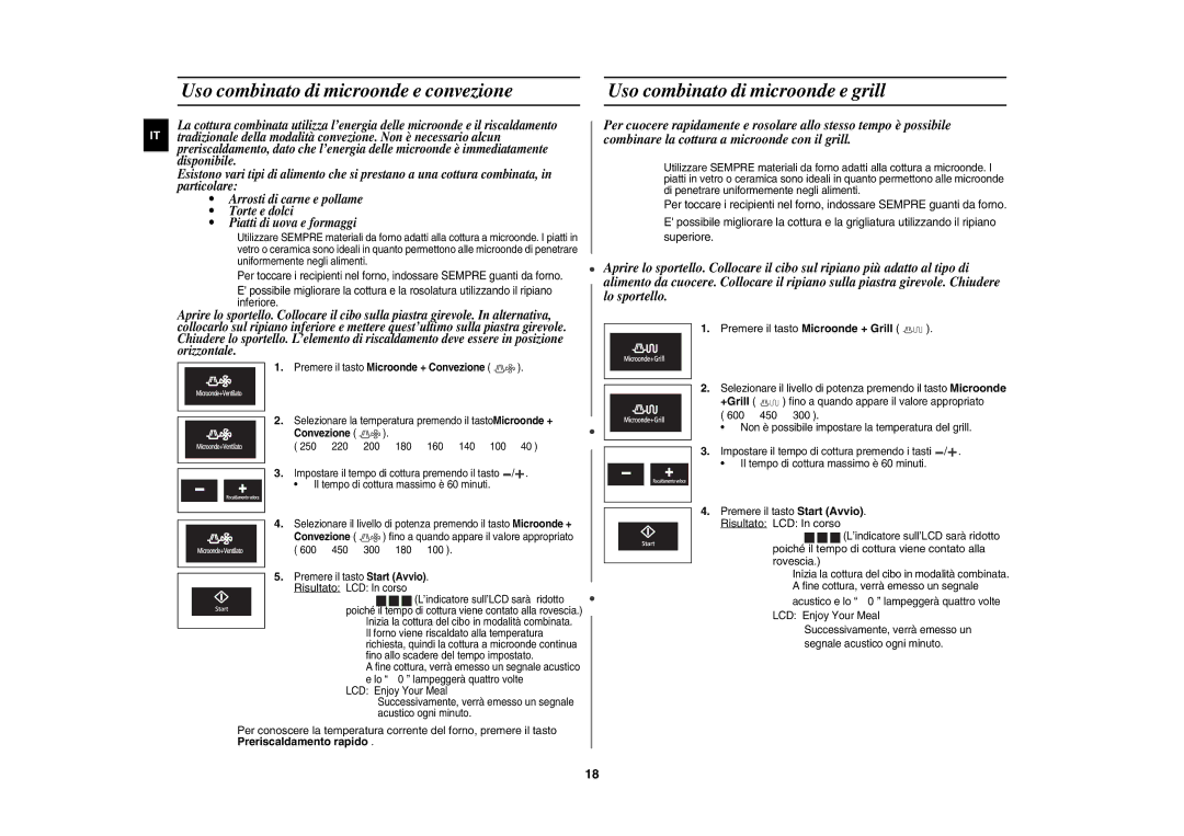 Samsung CE1197UBT/XET manual Premere il tasto Microonde + Grill, Premere il tasto Microonde + Convezione 