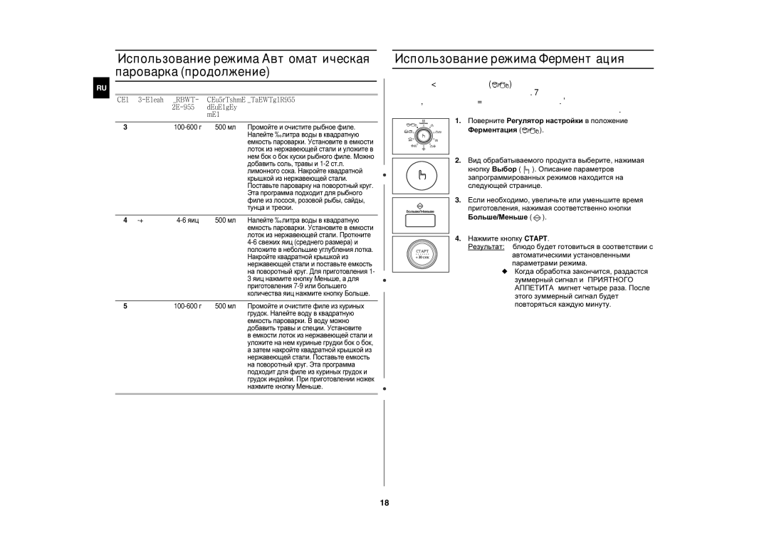 Samsung CE1350R/BWT manual Использование режима Автоматическая пароварка продолжение, Использование режима Ферментация 