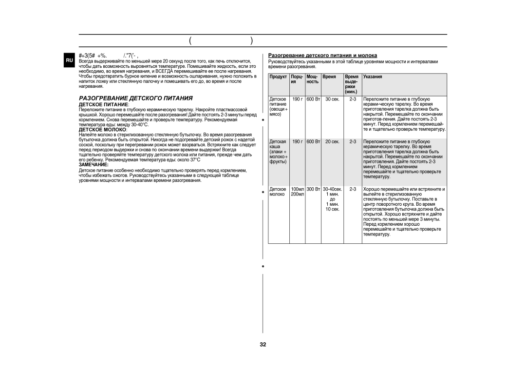 Samsung CE1350R/BWT, CE1350R-S/BWT manual Разогревание Жидкостей, Разогревание детского питания и молока, Замечание 