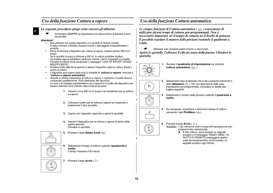 Samsung CE1351T-S/XET manual Uso della funzione Cottura a vapore, Uso della funzione Cottura automatica, Attenzione 
