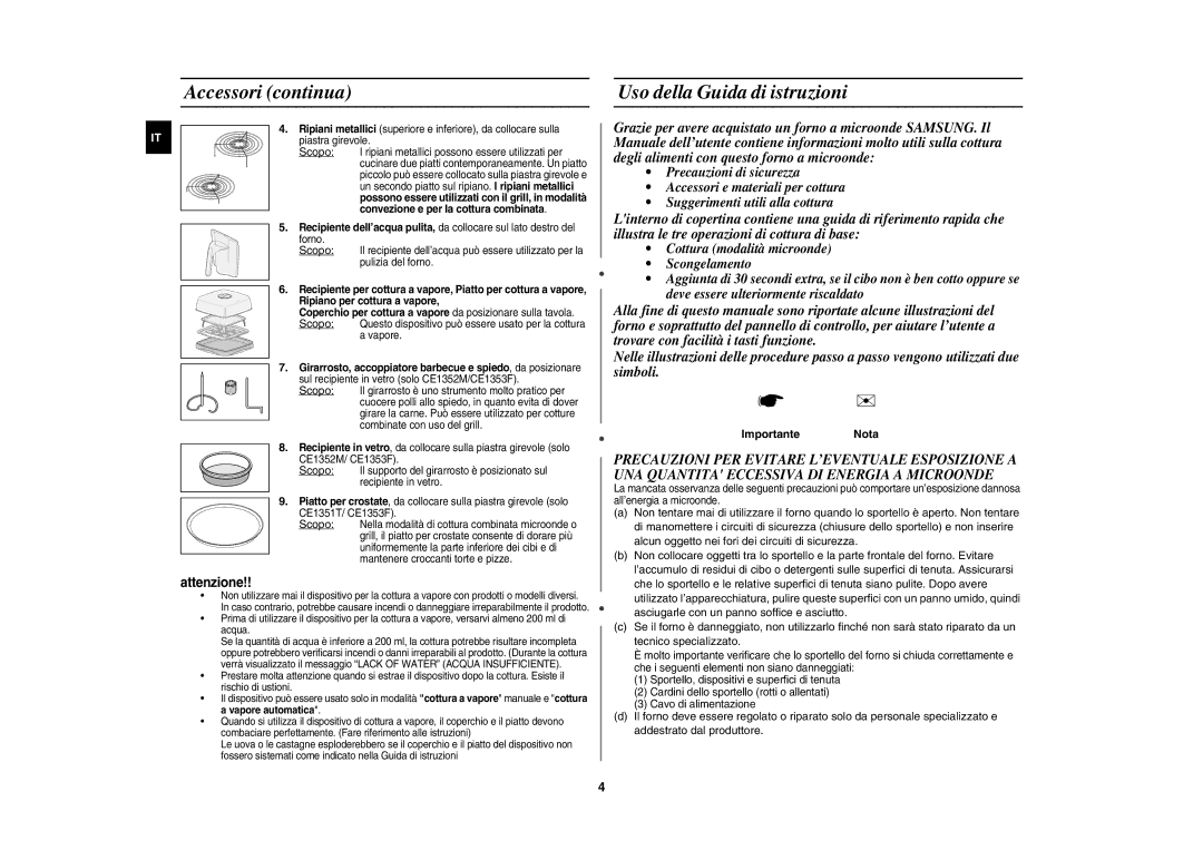 Samsung CE1351T-S/XET manual Accessori continua, Uso della Guida di istruzioni, Importante Nota 