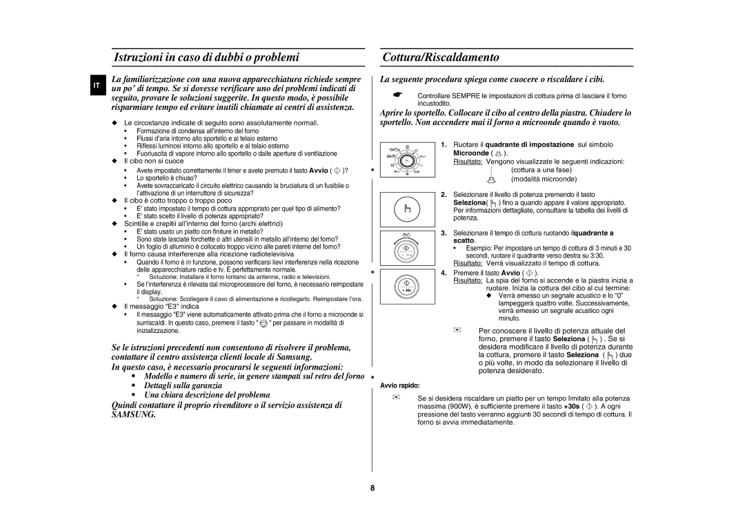 Samsung CE1351T-S/XET manual Istruzioni in caso di dubbi o problemi, Cottura/Riscaldamento, Samsung, Scatto 