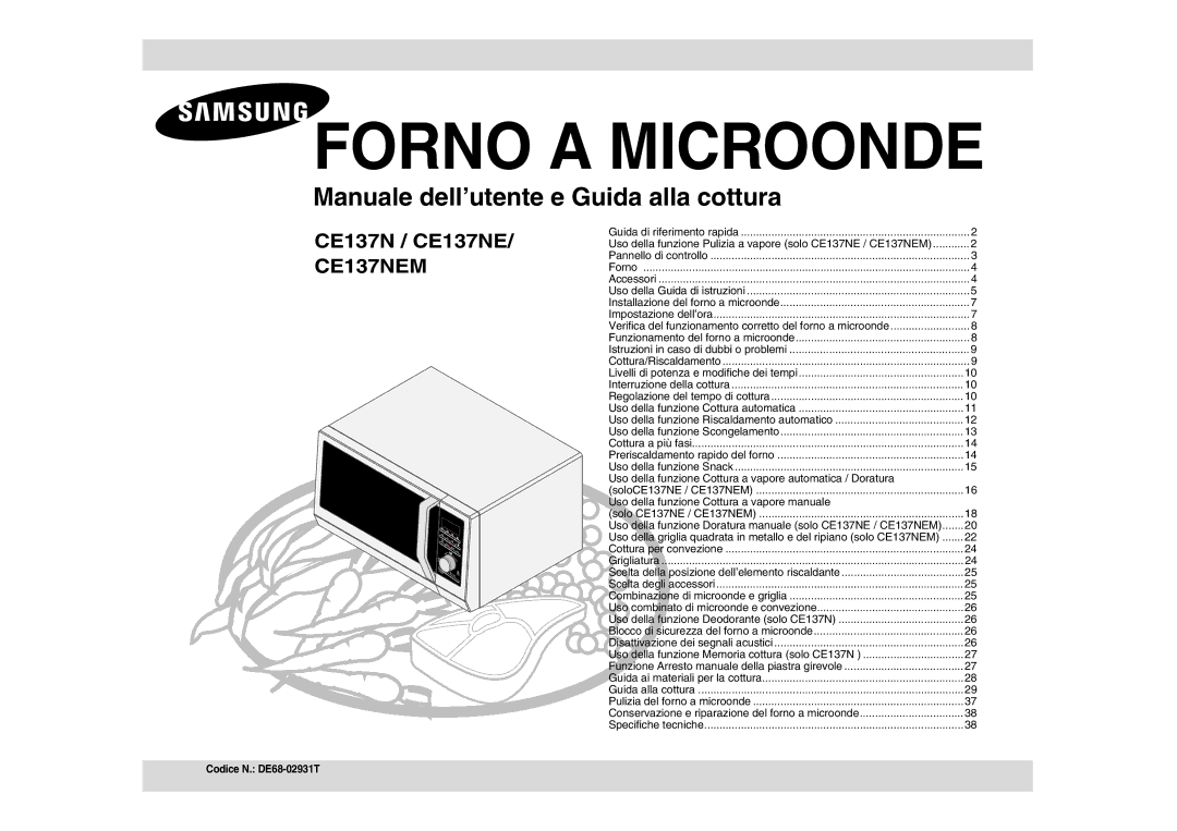 Samsung CE137NE-X/XET manual Uso della funzione Cottura a vapore automatica / Doratura, Codice N. DE68-02931T 