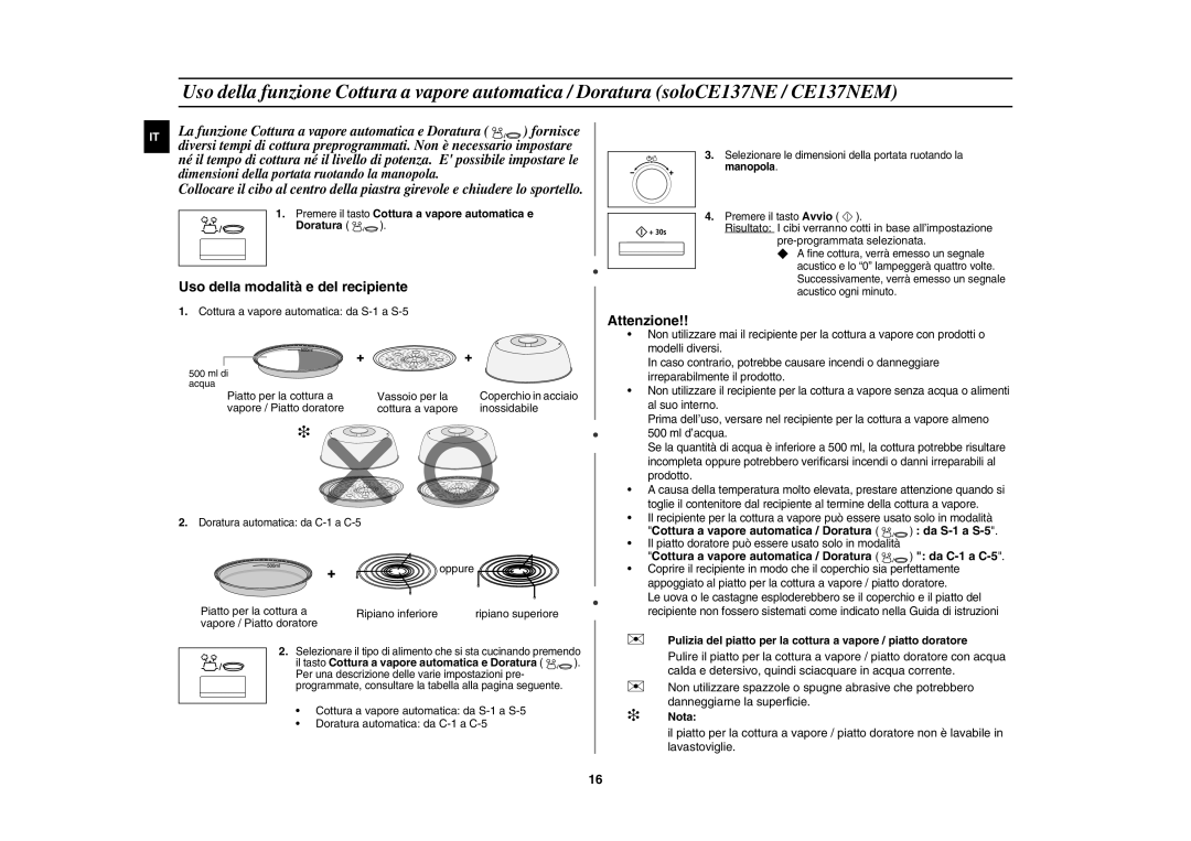 Samsung CE137NE-X/XET manual Premere il tasto Cottura a vapore automatica e Doratura,  Nota 