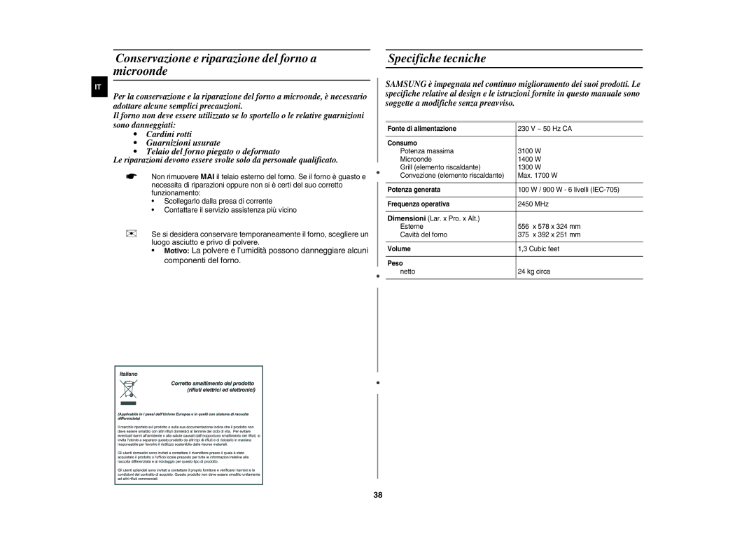 Samsung CE137NE-X/XET manual Conservazione e riparazione del forno a microonde, Specifiche tecniche 