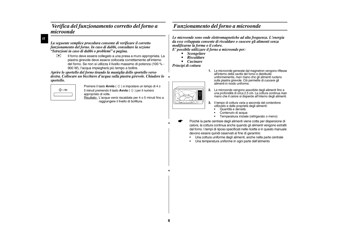 Samsung CE137NE-X/XET manual Verifica del funzionamento corretto del forno a microonde, Funzionamento del forno a microonde 