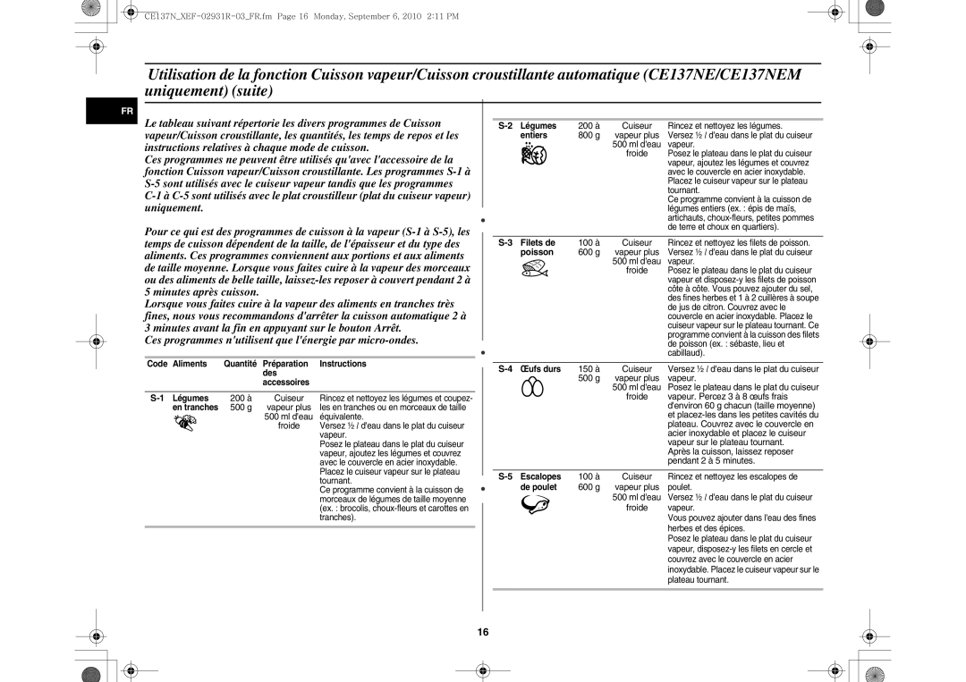 Samsung CE137NEM-S/XEF manual Préparation Instructions Des Accessoires Légumes, En tranches, Entiers, Filets de, Œufs durs 