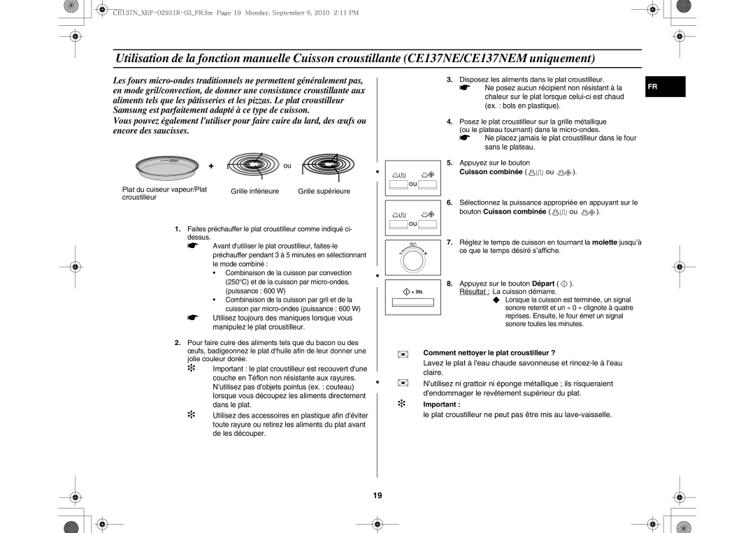 Samsung CE137NEM-X/XEF manual Cuisson combinée ou, Bouton Cuisson combinée,  Comment nettoyer le plat croustilleur ? 