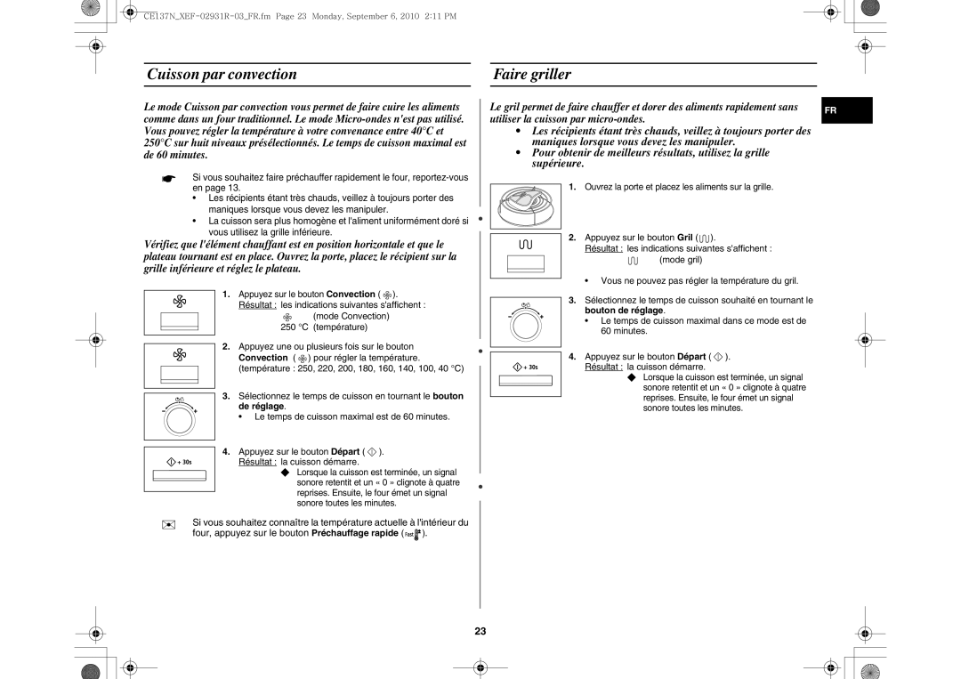 Samsung CE137NEM-X/XEF, CE137NEM-S/XEF manual Cuisson par convection Faire griller, Bouton de réglage 