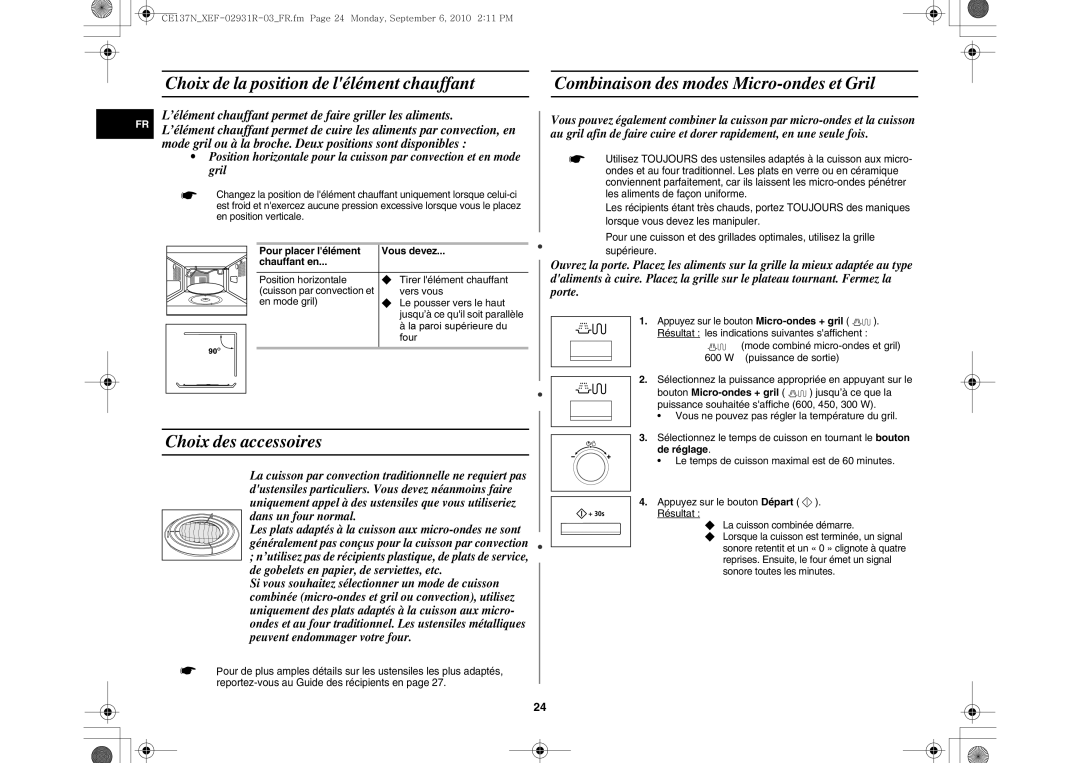 Samsung CE137NEM-S/XEF, CE137NEM-X/XEF manual Choix des accessoires, Pour placer lélément Vous devez Chauffant en, Vers vous 