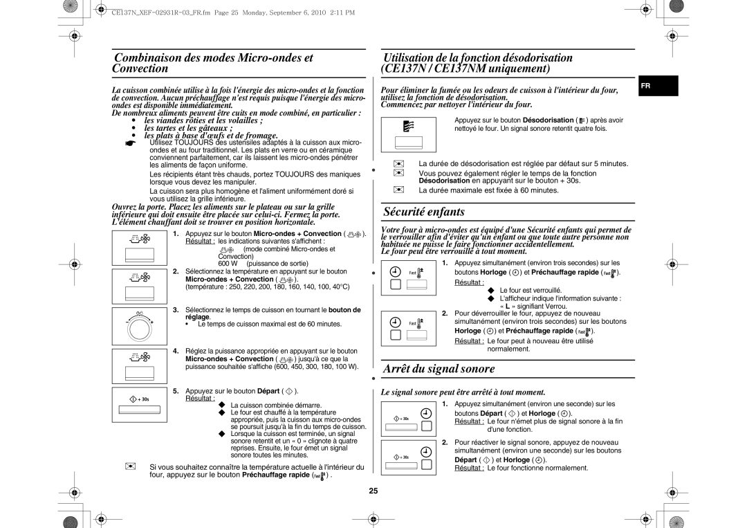 Samsung CE137NEM-X/XEF manual Combinaison des modes Micro-ondes et Convection, Sécurité enfants, Arrêt du signal sonore 