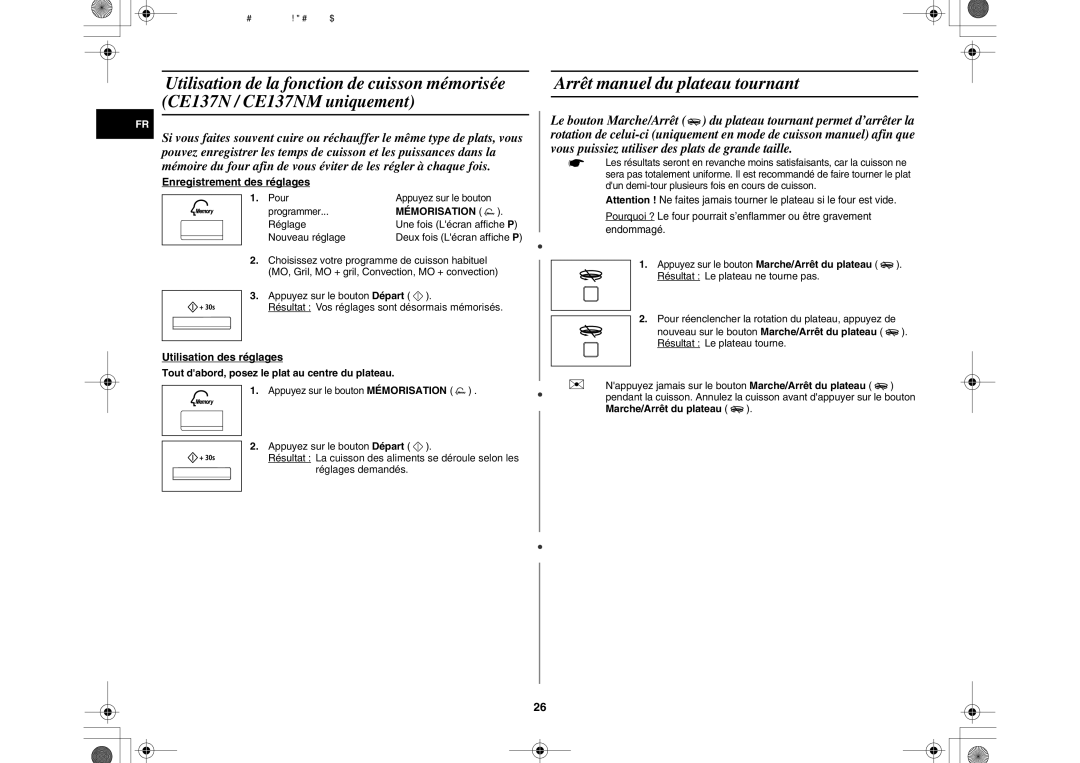 Samsung CE137NEM-S/XEF manual Arrêt manuel du plateau tournant, Enregistrement des réglages, Réglage, Nouveau réglage 