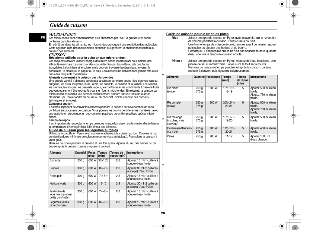 Samsung CE137NEM-S/XEF, CE137NEM-X/XEF manual Guide de cuisson, Micro-Ondes, Cuisson 