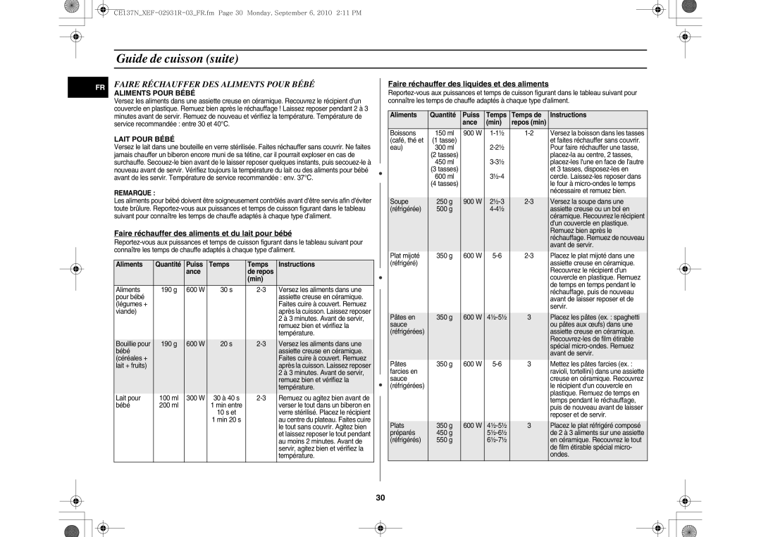 Samsung CE137NEM-S/XEF manual Faire Réchauffer DES Aliments Pour Bébé, Faire réchauffer des aliments et du lait pour bébé 