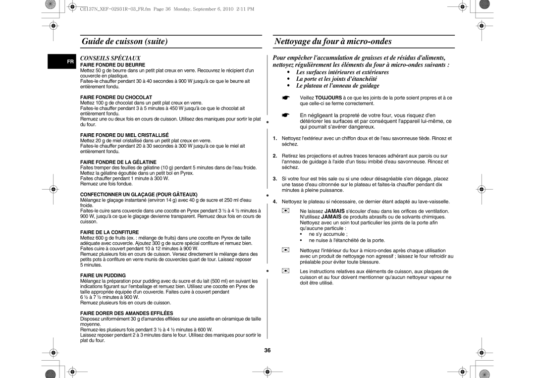 Samsung CE137NEM-S/XEF, CE137NEM-X/XEF manual Guide de cuisson suite Nettoyage du four à micro-ondes, Conseils Spéciaux 