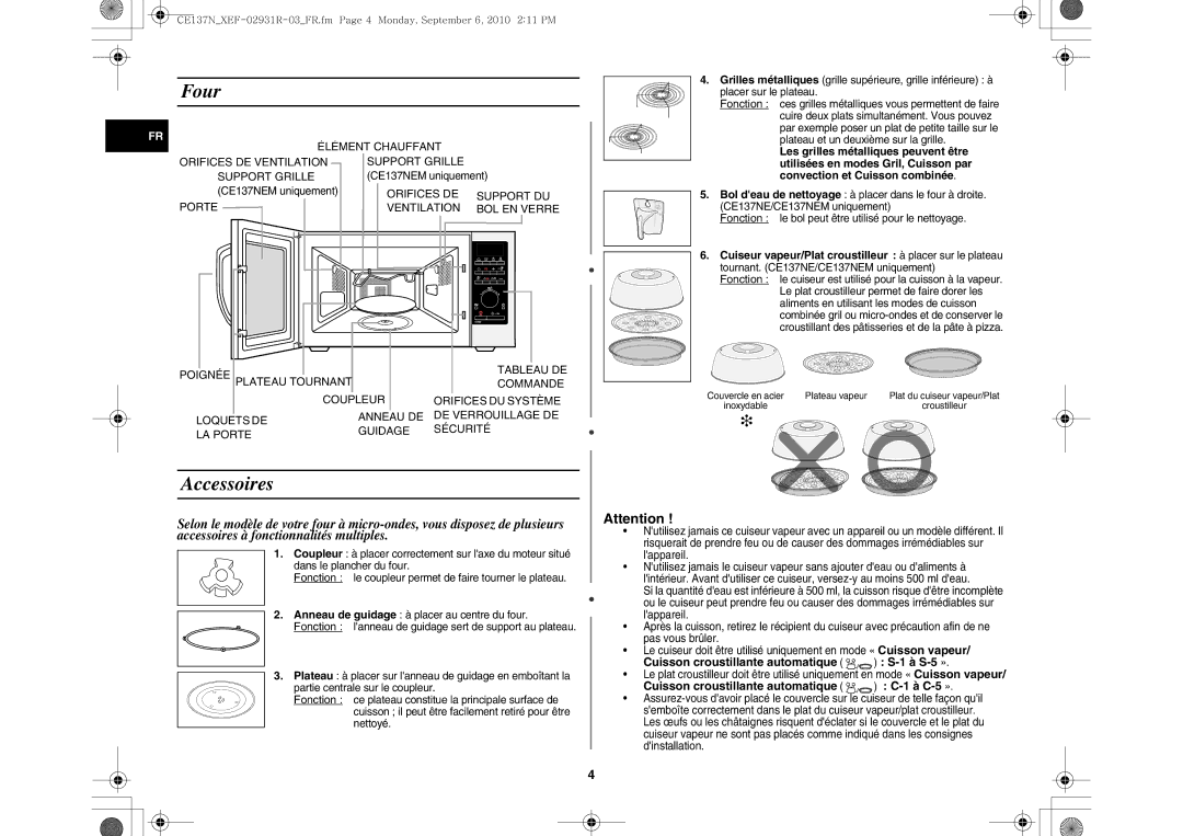 Samsung CE137NEM-S/XEF manual Four, Accessoires, Cuisson croustillante automatique S-1 à S-5 », CE137NEM uniquement 