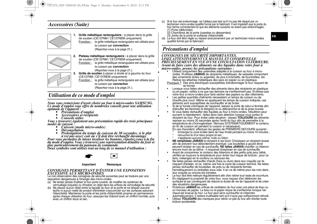 Samsung CE137NEM-X/XEF manual Accessoires Suite, Utilisation de ce mode demploi, Précautions demploi, Important Remarque 