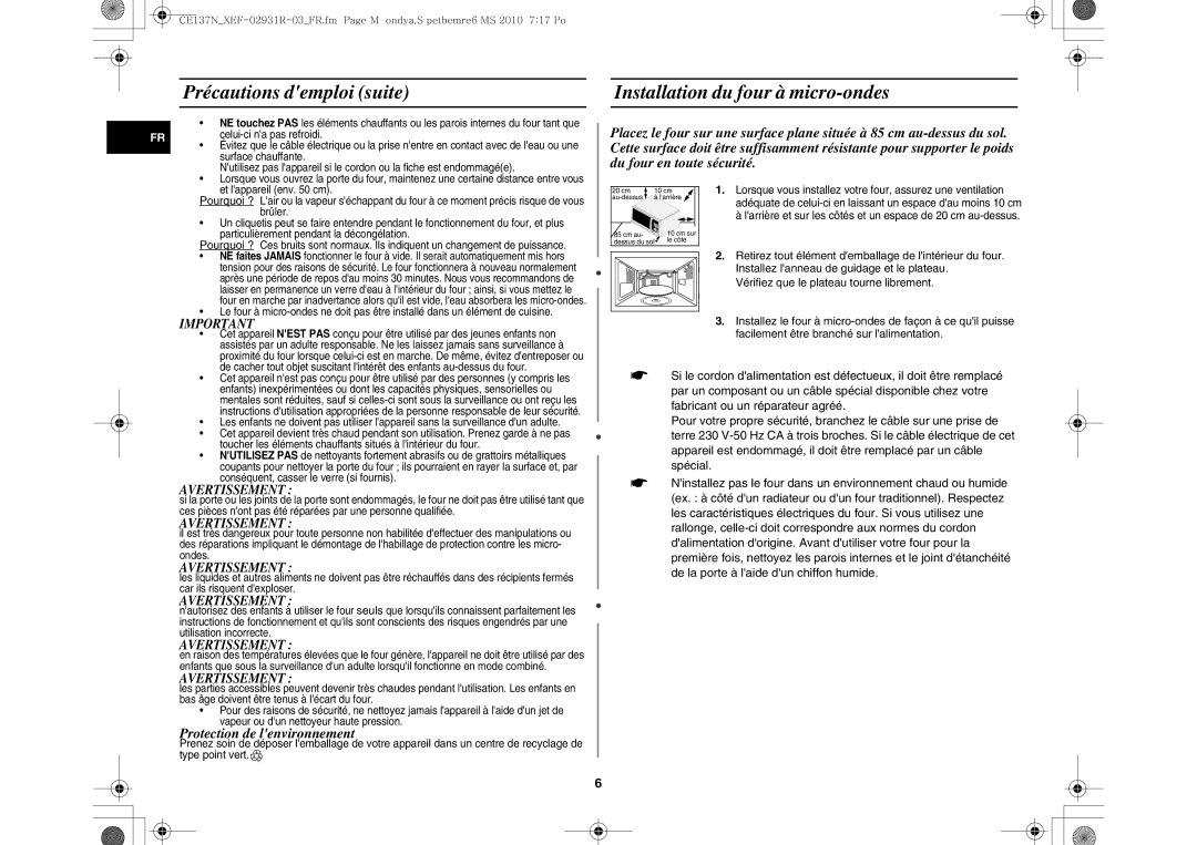 Samsung CE137NEM-S/XEF, CE137NEM-X/XEF manual Précautions demploi suite Installation du four à micro-ondes 