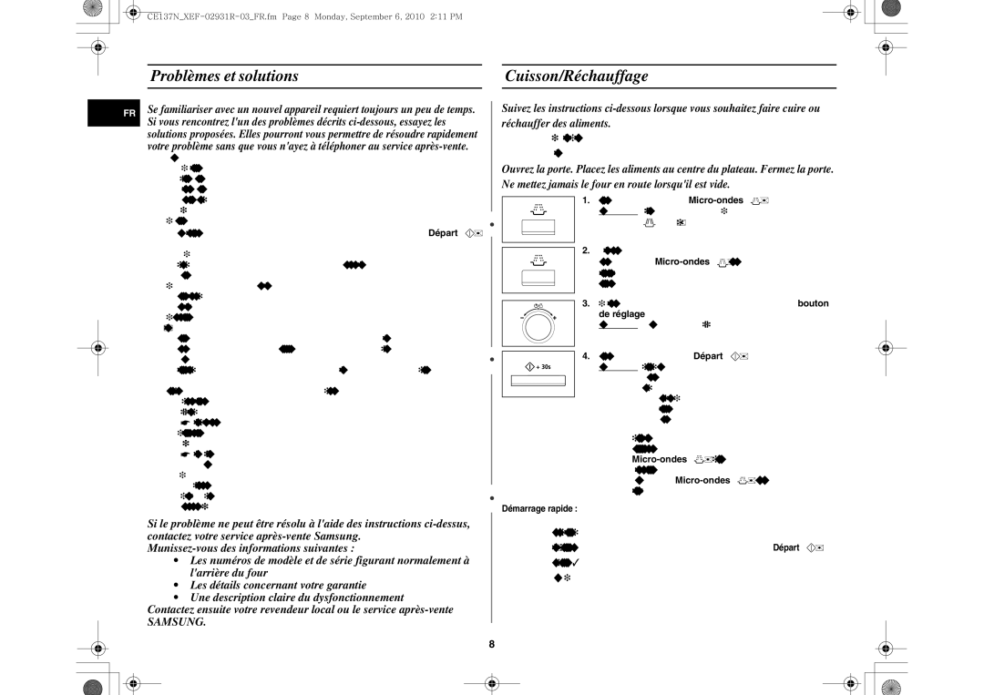 Samsung CE137NEM-S/XEF, CE137NEM-X/XEF manual Problèmes et solutions Cuisson/Réchauffage, Samsung, Micro-ondes 