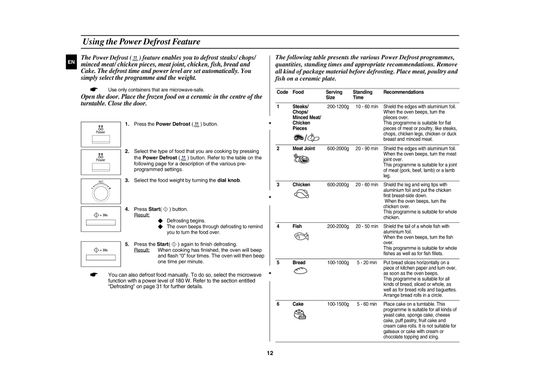 Samsung CE137NEM-X/XEH manual Using the Power Defrost Feature 