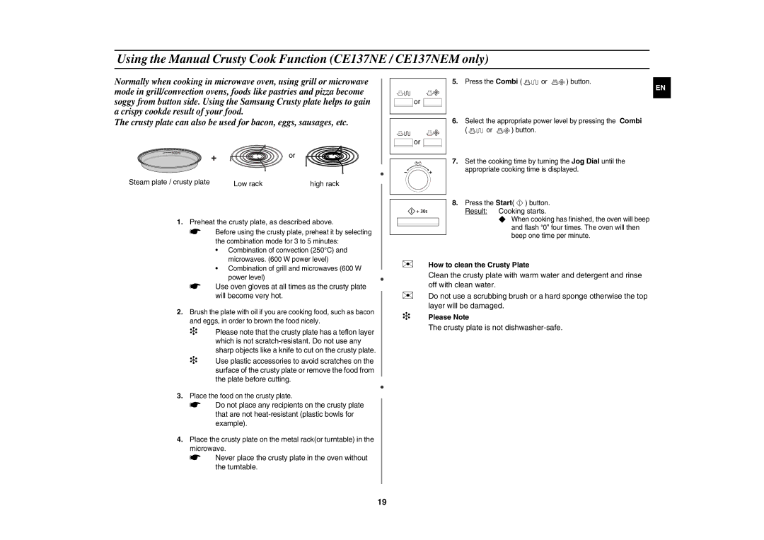 Samsung CE137NEM-X/XEH manual Preheat the crusty plate, as described above,  How to clean the Crusty Plate 