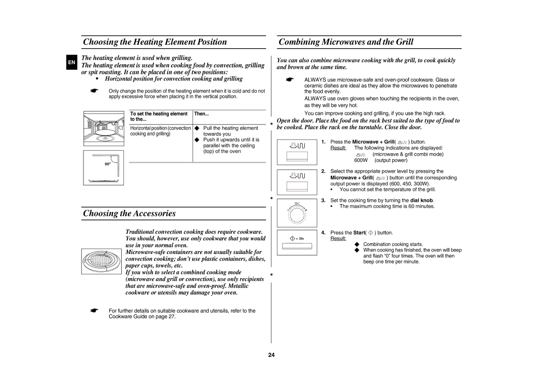 Samsung CE137NEM-X/XEH Choosing the Heating Element Position, Choosing the Accessories, Combining Microwaves and the Grill 