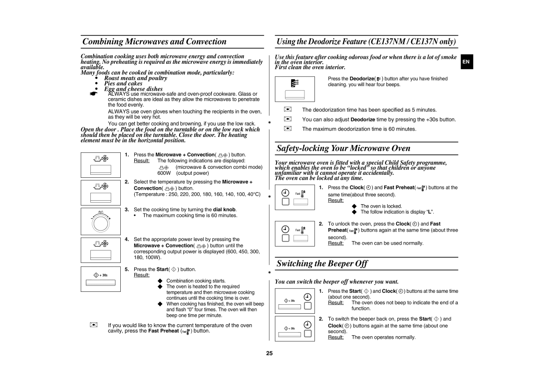 Samsung CE137NEM-X/XEH Combining Microwaves and Convection, Safety-locking Your Microwave Oven, Switching the Beeper Off 