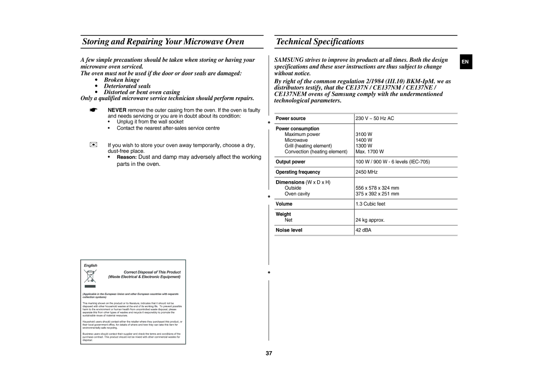 Samsung CE137NEM-X/XEH manual Storing and Repairing Your Microwave Oven, Technical Specifications, Dimensions W x D x H 