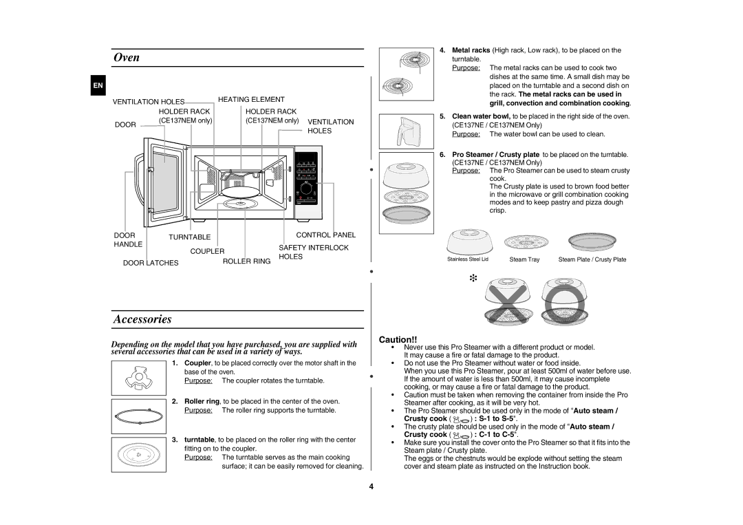 Samsung CE137NEM-X/XEH manual Oven, Accessories, Crusty cook S-1 to S-5, Crusty cook C-1 to C-5 