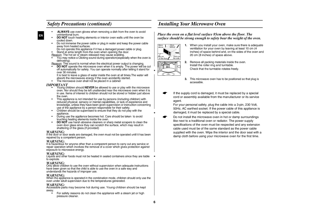 Samsung CE137NEM-X/XEH manual Installing Your Microwave Oven, Ventilation for your oven by leaving at least 10 cm 