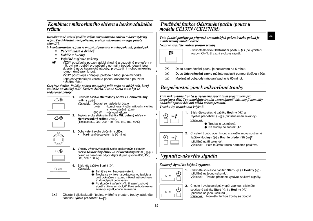 Samsung CE137NEM-X/XEH manual Bezpečnostní zámek mikrovlnné trouby, Vypnutí zvukového signálu 