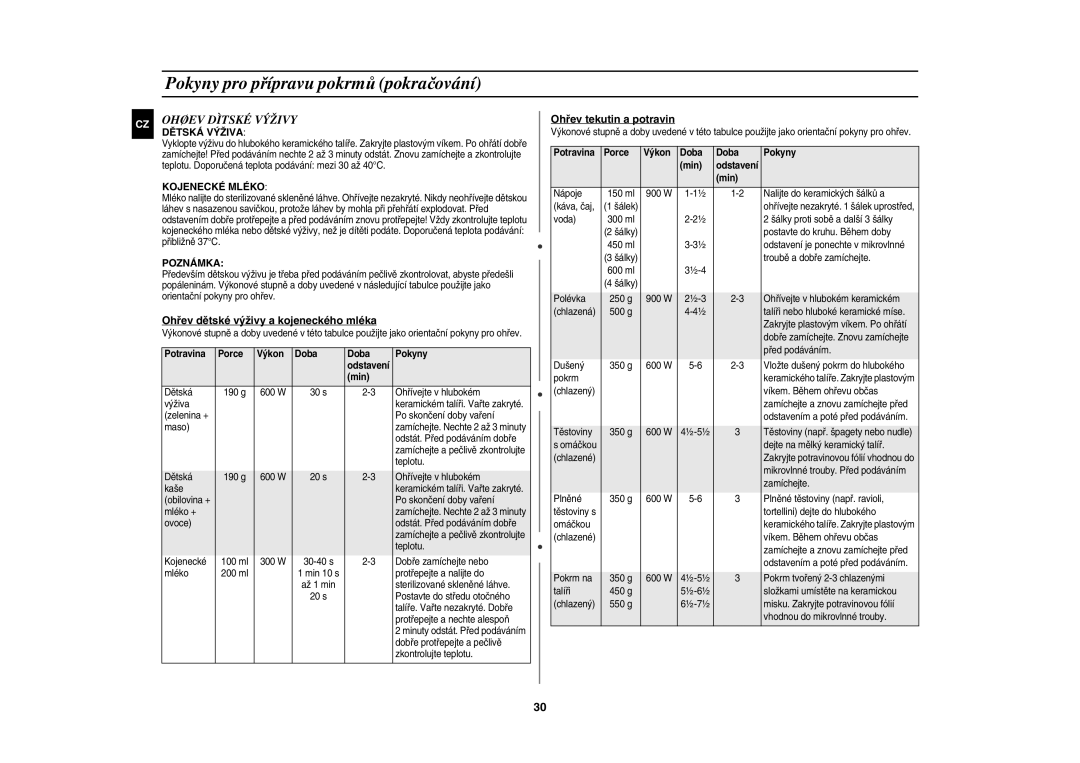 Samsung CE137NEM-X/XEH manual Ohøev Dìtské Výživy, Ohřev dětské výživy a kojeneckého mléka, Ohřev tekutin a potravin 