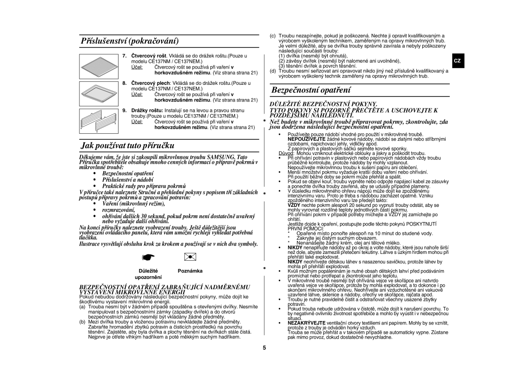 Samsung CE137NEM-X/XEH manual Příslušenství pokračování, Jak používat tuto příručku, Bezpečnostní opatření, Účel 