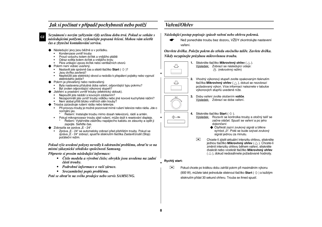 Samsung CE137NEM-X/XEH manual Jak si počínat v případě pochybností nebo potíží, Vaření/Ohřev, Rychlý start 